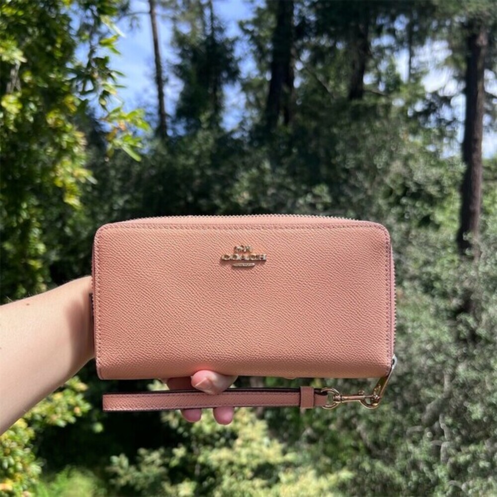 COACH Long Zip-Around Peach Crossgrain Leather Wallet GOLD Hardware AUTHENTIC